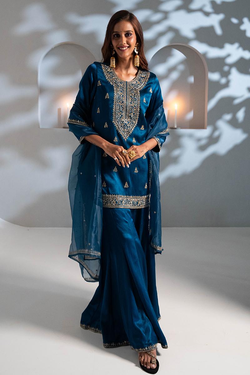 Blue Pure Gaji Silk Gharara Set