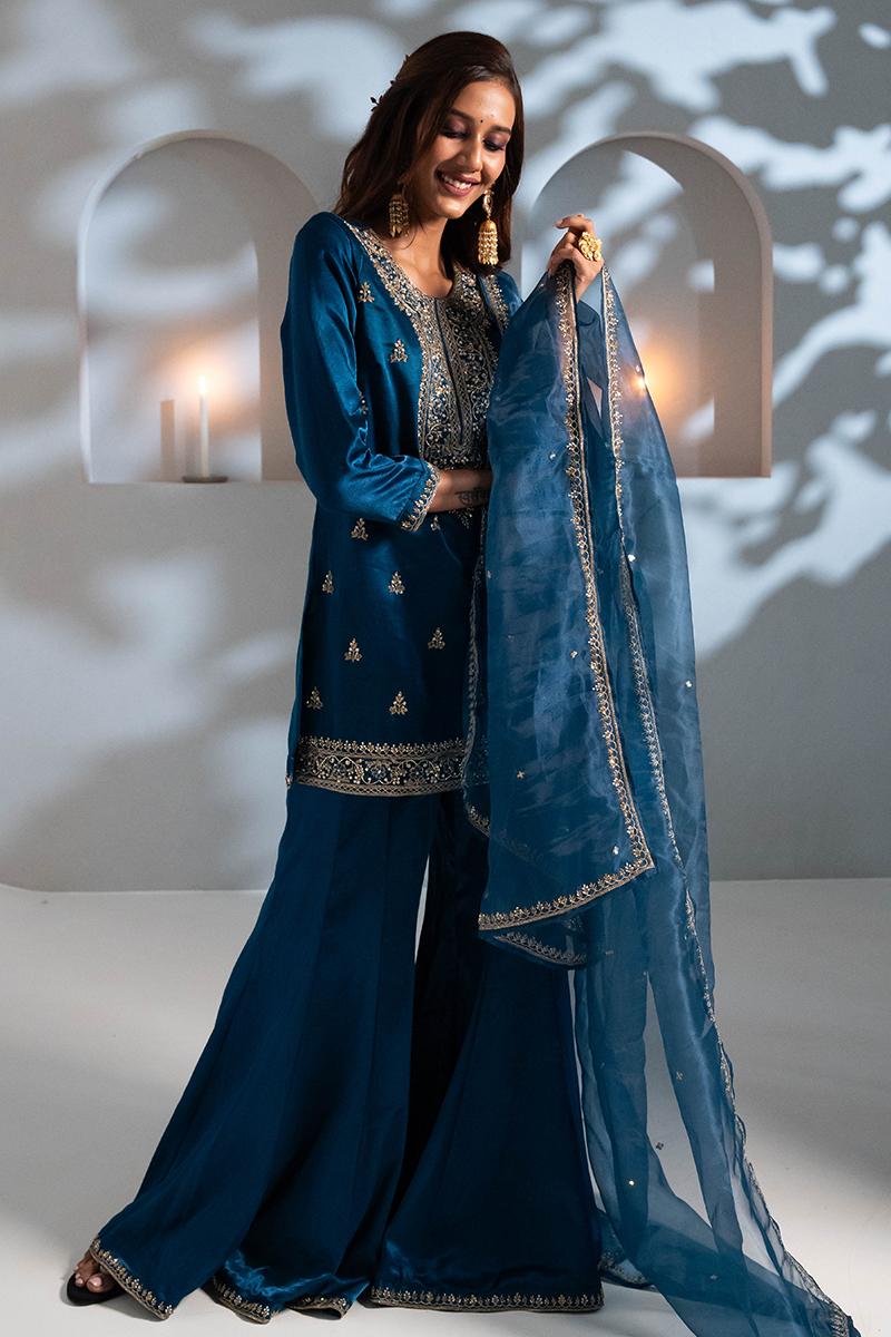 Blue Pure Gaji Silk Gharara Set