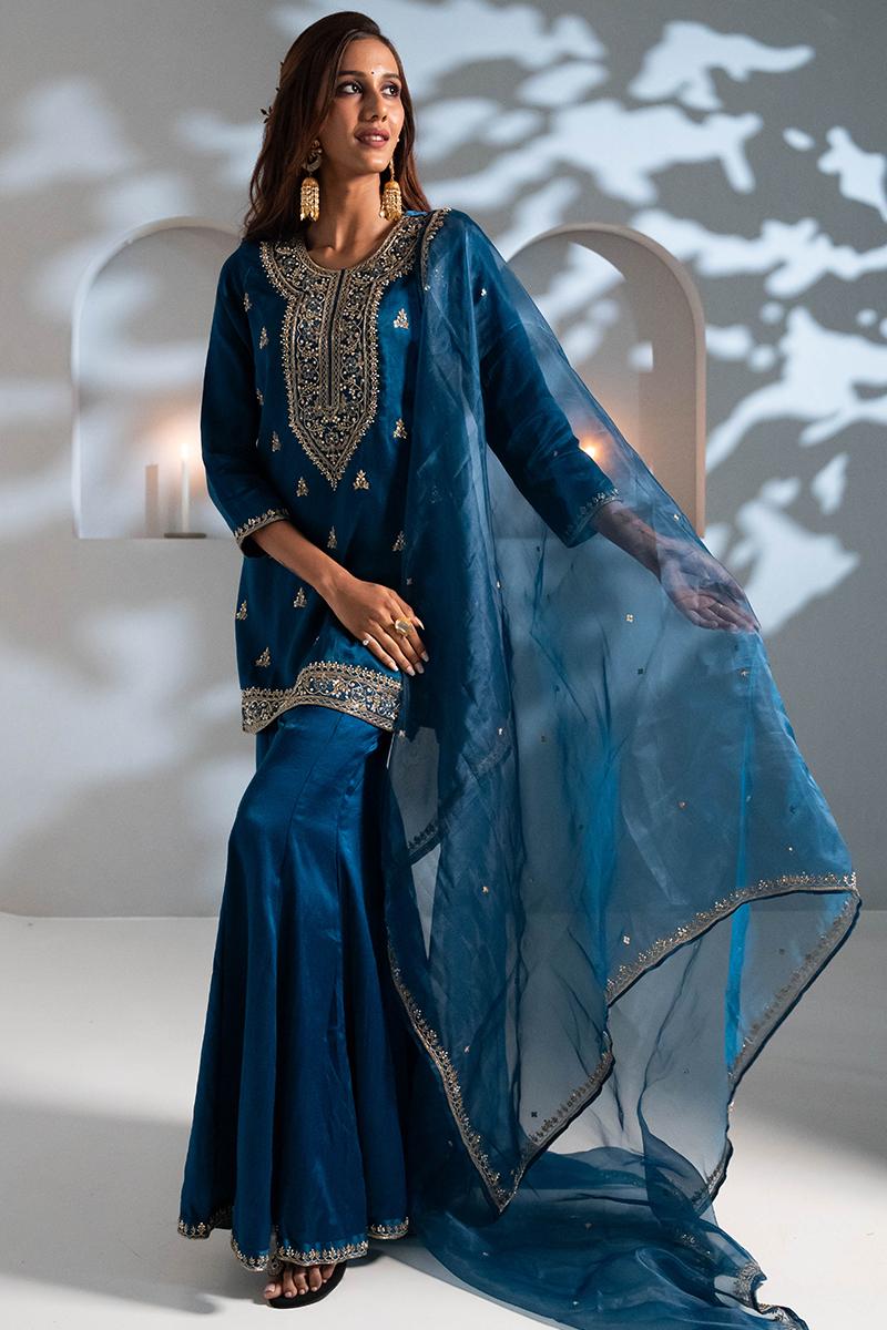 Blue Pure Gaji Silk Gharara Set