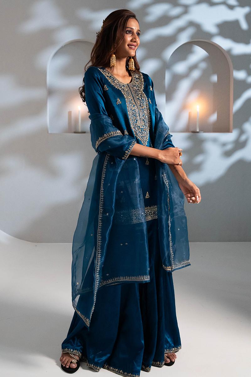 Blue Pure Gaji Silk Gharara Set