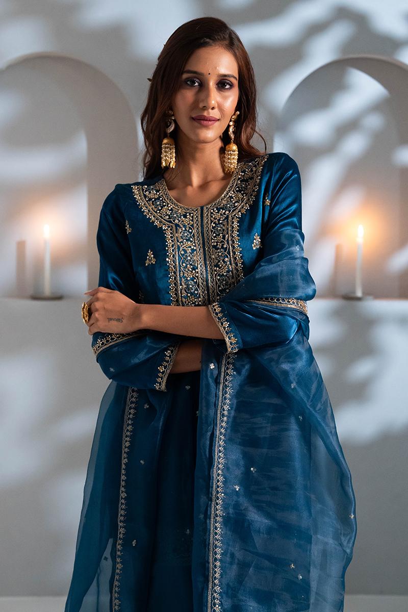 Blue Pure Gaji Silk Gharara Set