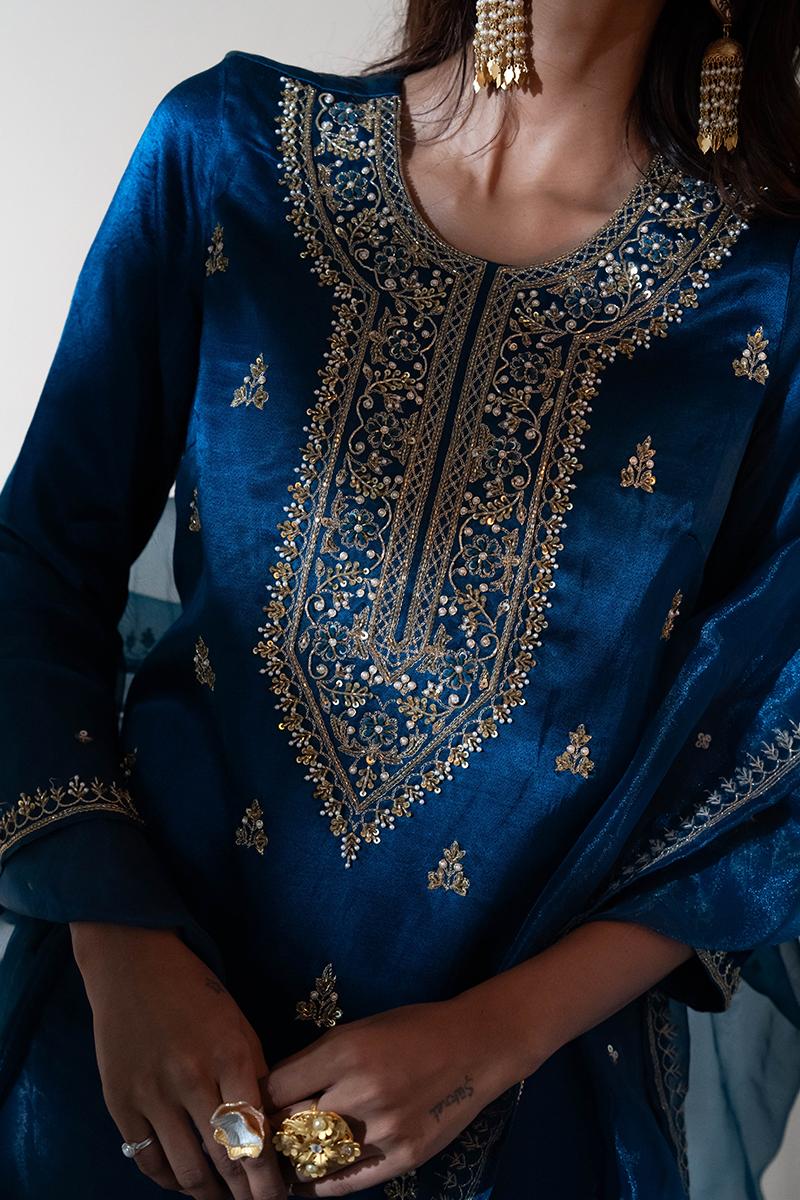 Blue Pure Gaji Silk Gharara Set