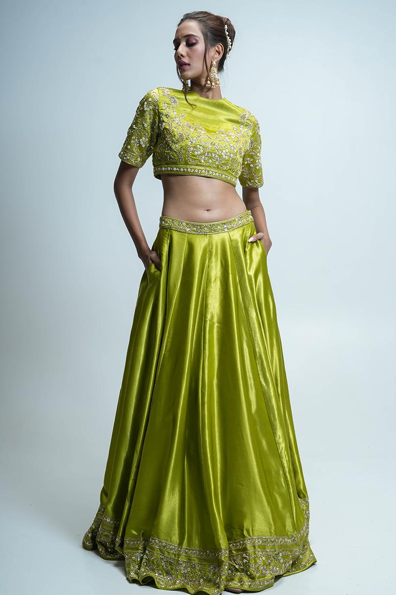 Lime Green Pure Gaji Silk Lehenga Choli with Printed Gaji Dupatta, Stone Zari