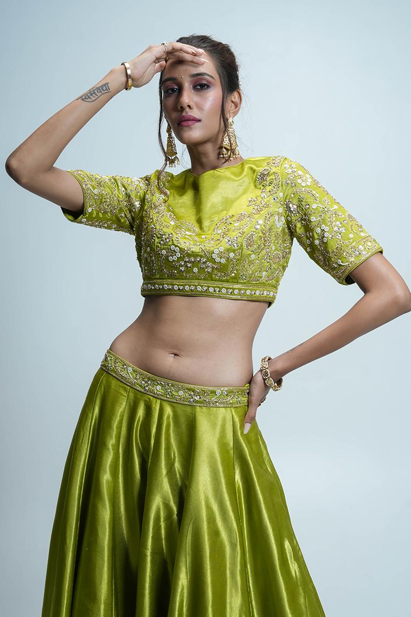 Lime Green Pure Gaji Silk Lehenga Choli with Printed Gaji Dupatta, Stone Zari