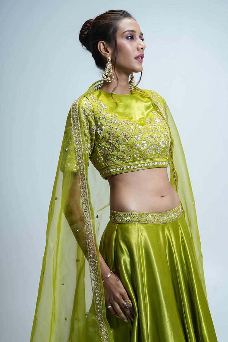 Lime Green Pure Gaji Silk Lehenga Choli with Printed Gaji Dupatta, Stone Zari