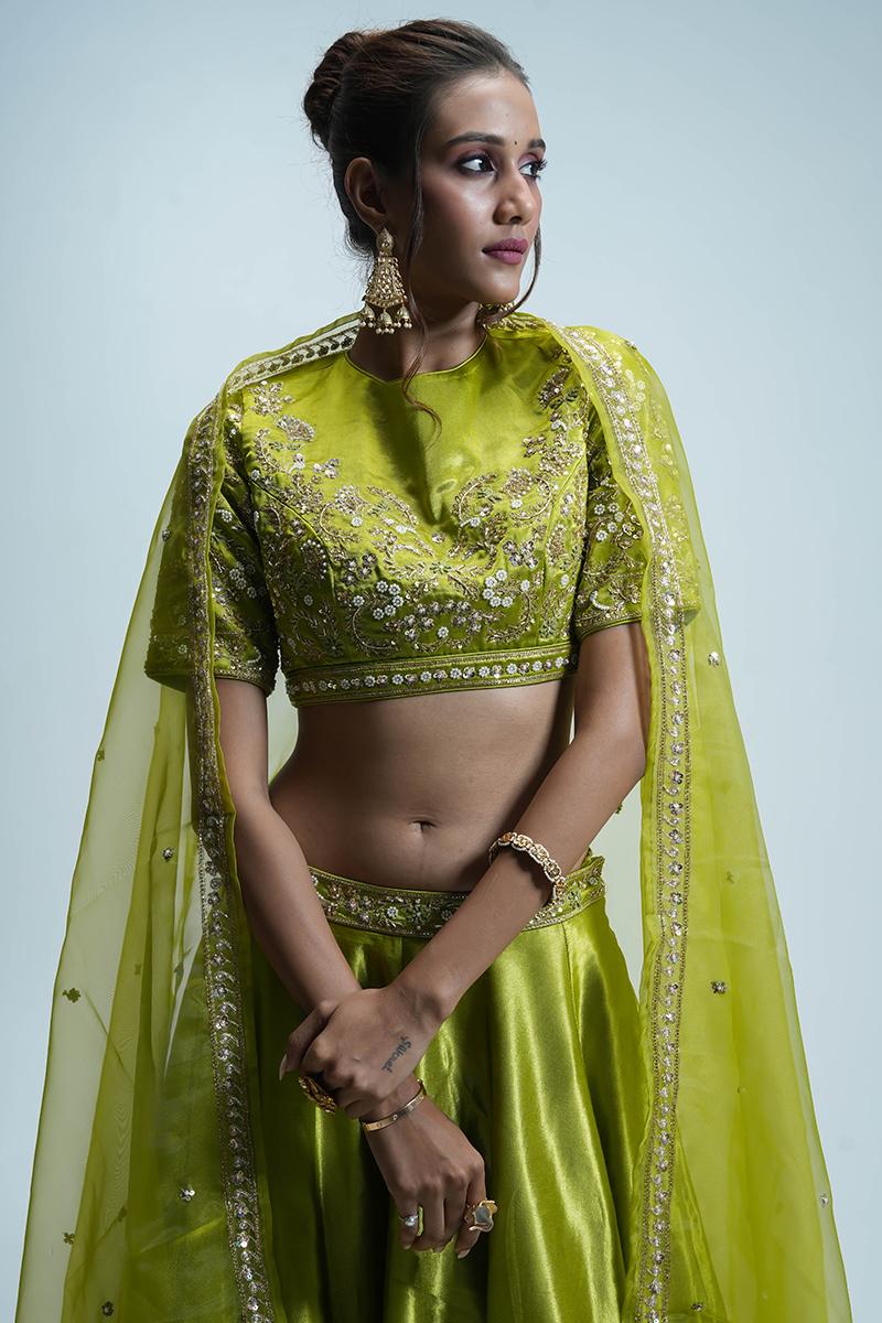 Lime Green Pure Gaji Silk Lehenga Choli with Printed Gaji Dupatta, Stone Zari