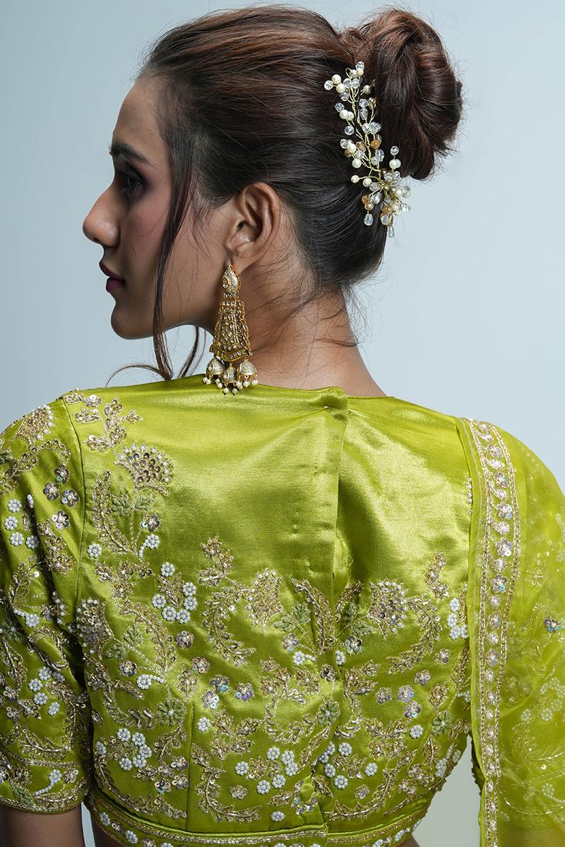 Lime Green Pure Gaji Silk Lehenga Choli with Printed Gaji Dupatta, Stone Zari