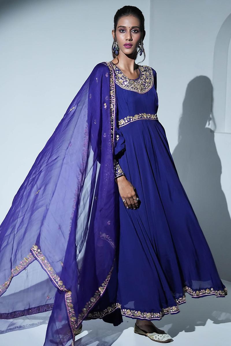 Blue Anarkali Flat Chiffon Suit Set