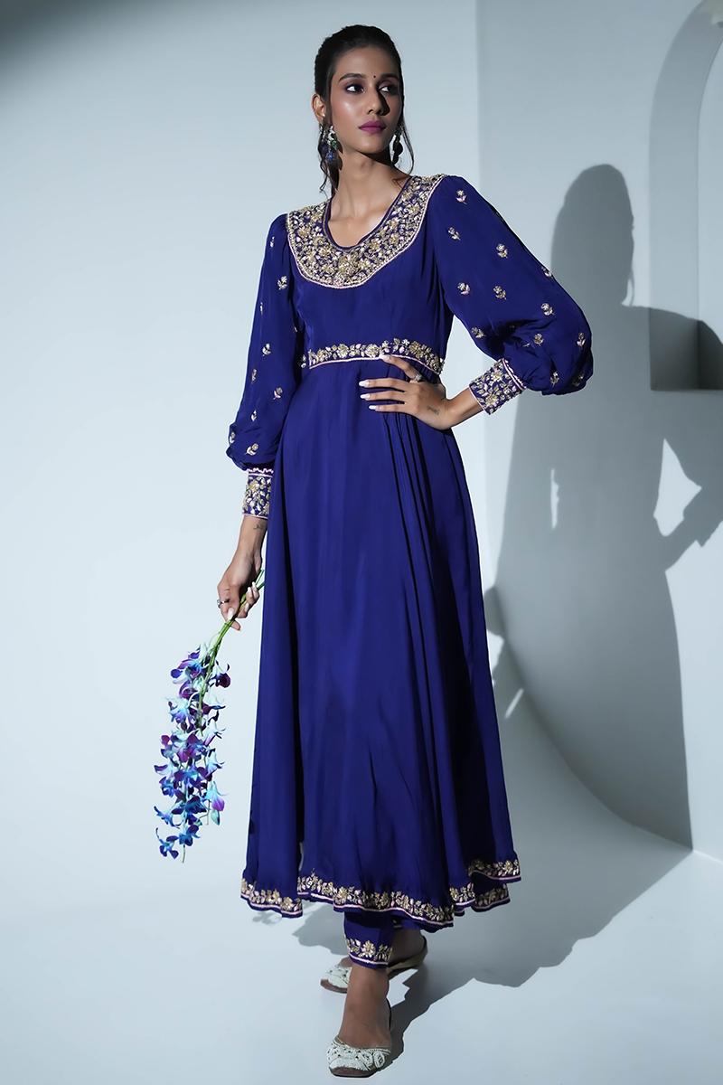 Blue Anarkali Flat Chiffon Suit Set