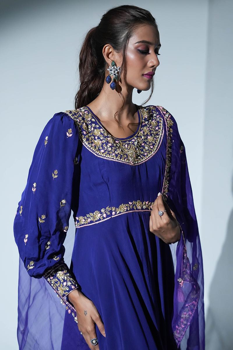 Blue Anarkali Flat Chiffon Suit Set