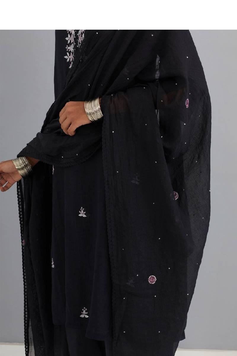 Black Embroidered Chanderi Kurta Set of 3