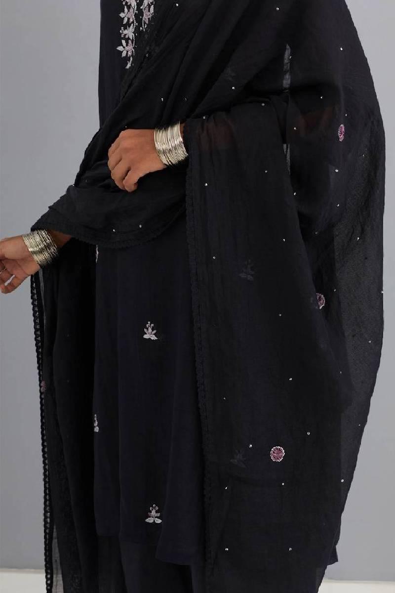 Black Embroidered Chanderi Dupatta