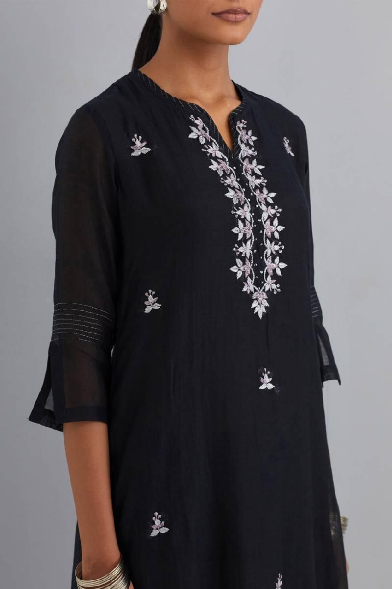 Black Embroidered Chanderi Kurta Set of 3