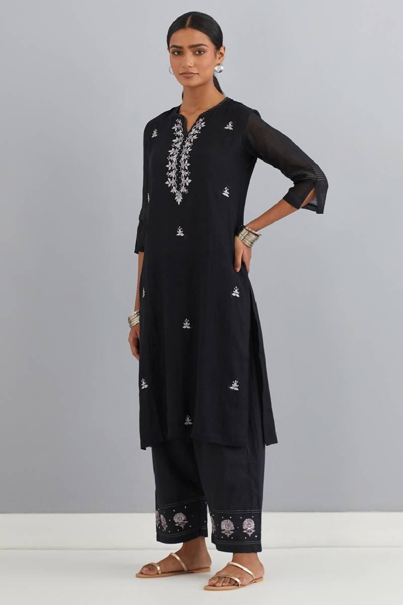 Black Embroidered Chanderi Kurta Set of 3