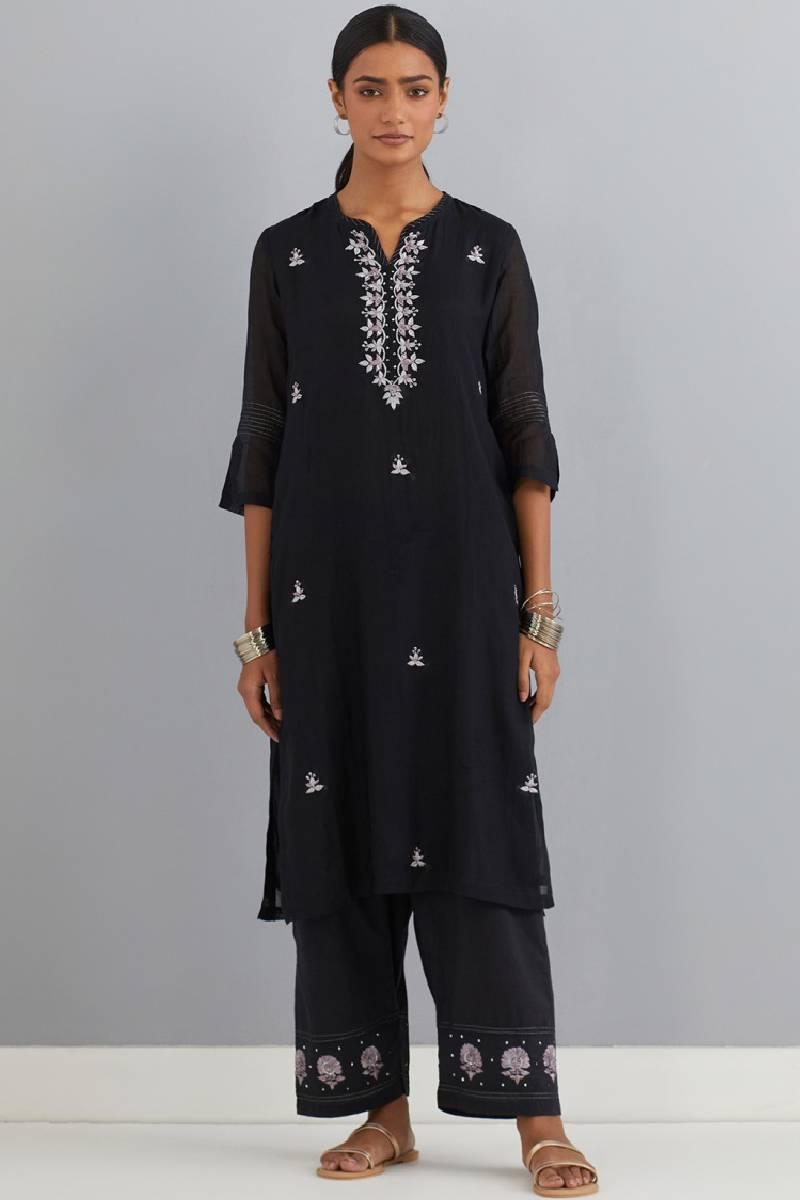 Black Embroidered Chanderi Kurta Set of 3