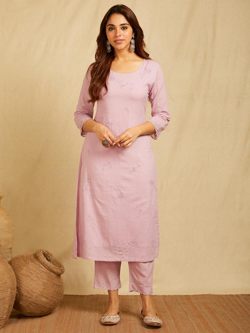 Lavender Tonal Applique Embroidered Kurta with scalloped pants and Dupatta