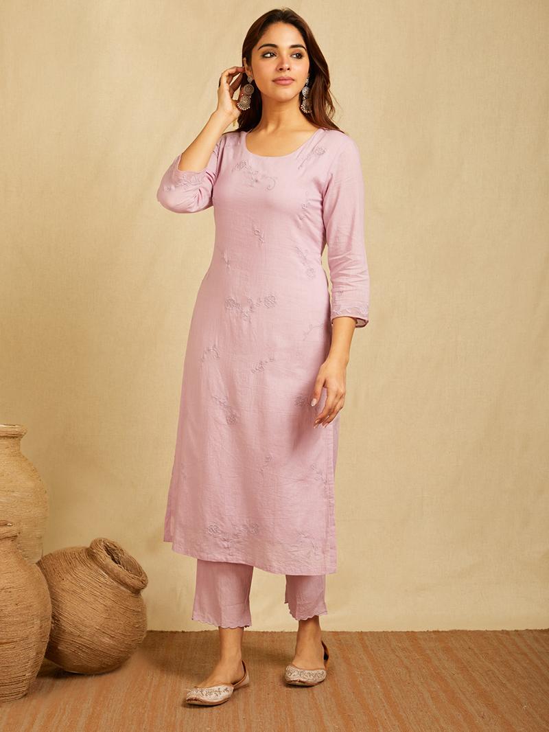 Lavender Tonal Applique Embroidered Kurta with scalloped pants and Dupatta