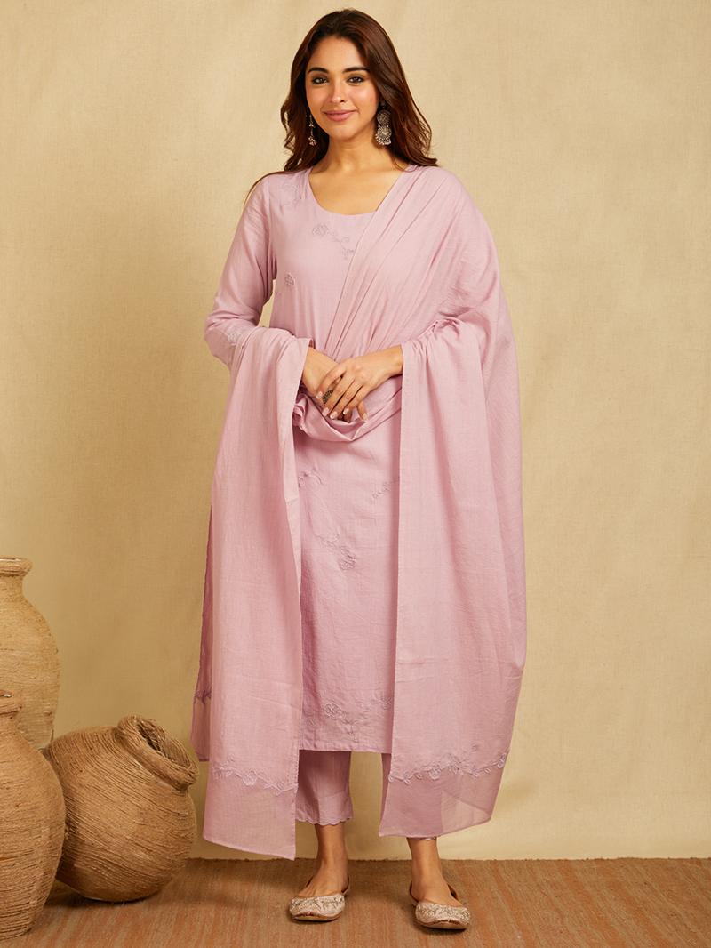 Lavender Tonal Applique Embroidered Kurta with scalloped pants and Dupatta