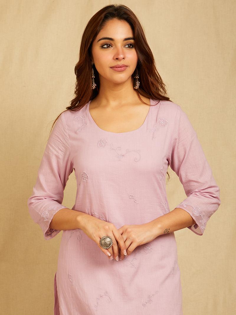 Lavender Tonal Applique Embroidered Kurta with scalloped pants and Dupatta