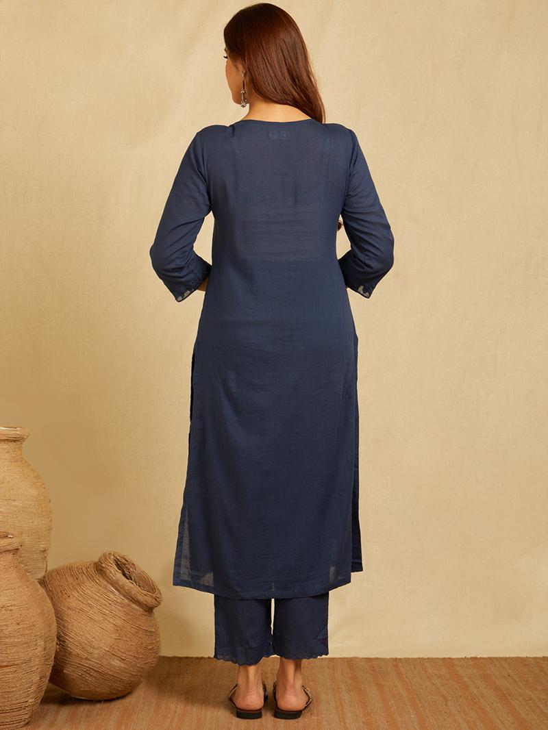 Navy Blue Tonal Applique Embroidered Kurta with scalloped pants