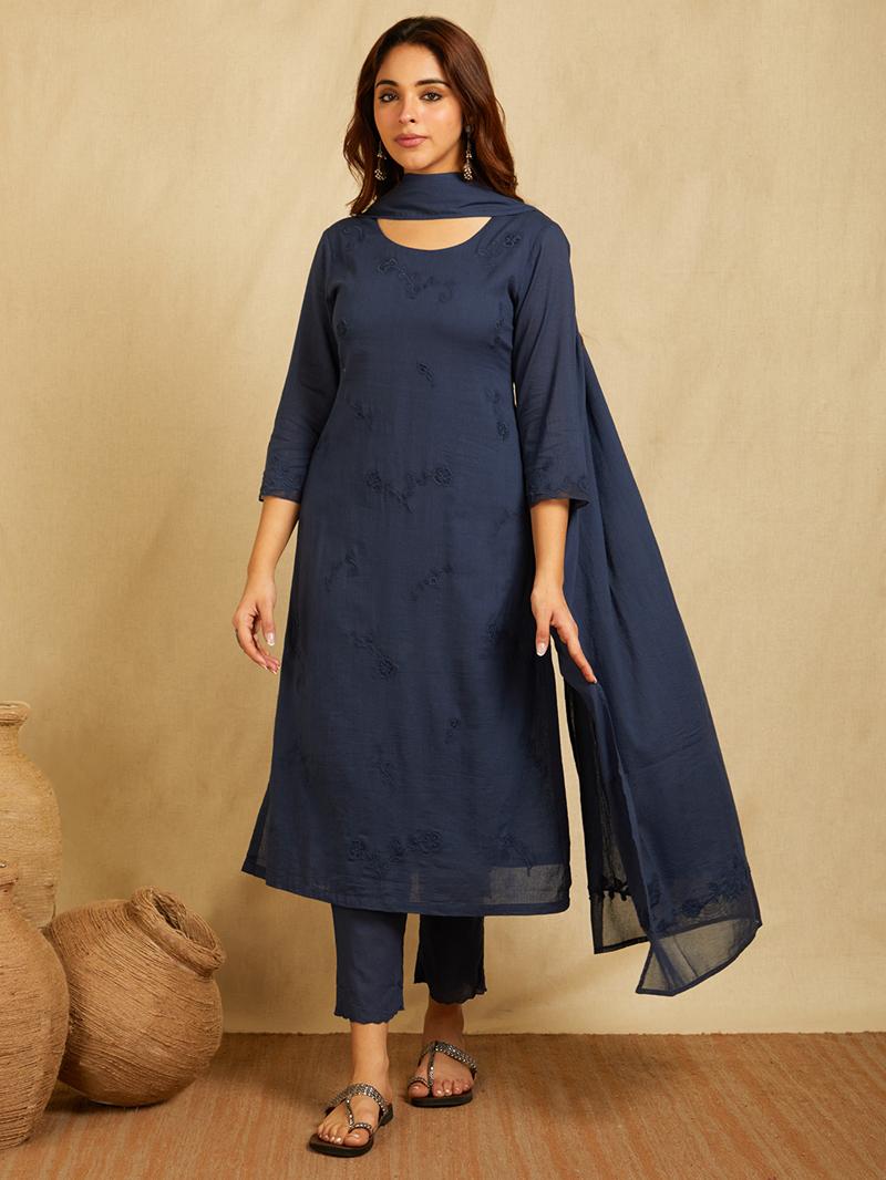 Navy Blue Tonal Applique Embroidered Kurta with scalloped pants and Dupatta