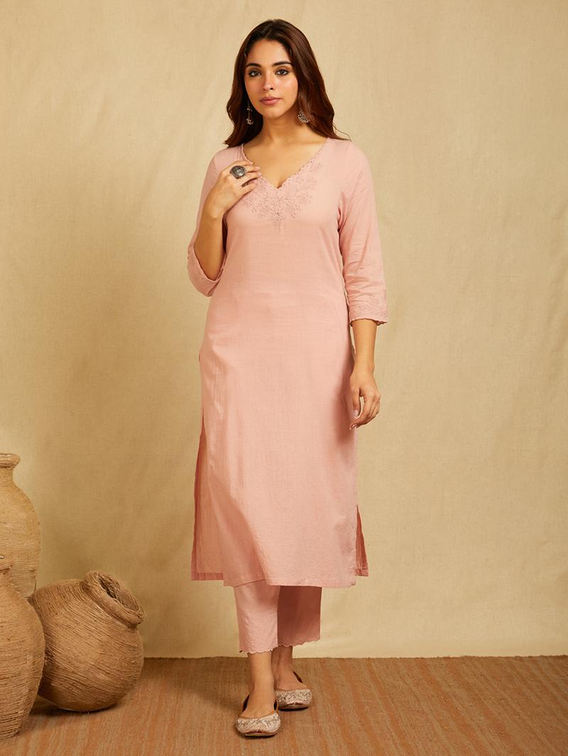 Pink V-neck embroidered Kurta with Pants and embroidered dupatta