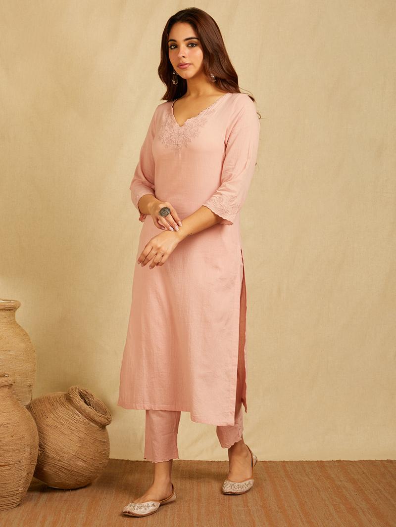 Pink V-neck embroidered Kurta with Pants and embroidered dupatta