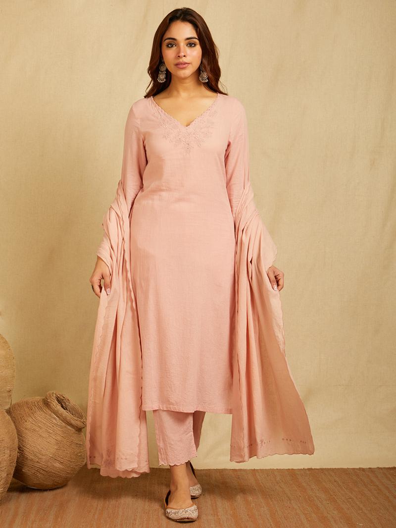 Pink V-neck embroidered Kurta with Pants and embroidered dupatta