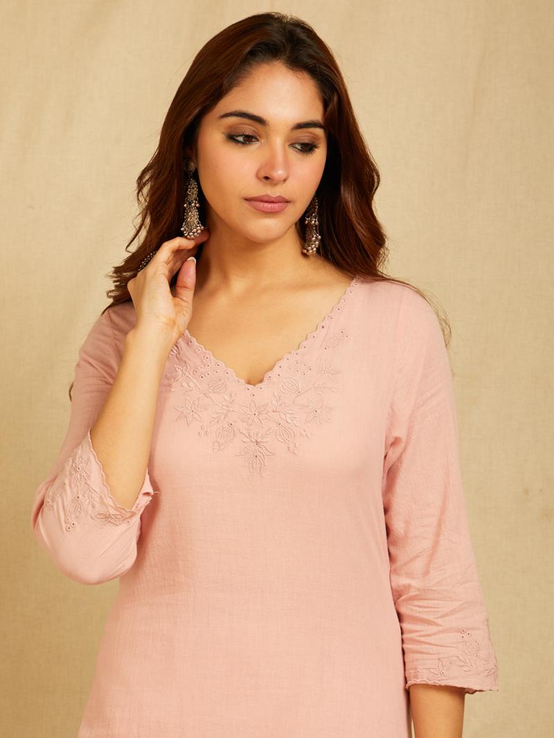 Pink V-neck embroidered Kurta with Pants