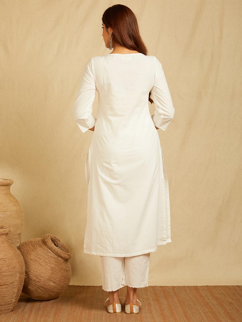 White V-neck embroidered Kurta with Pants and embroidered dupatta