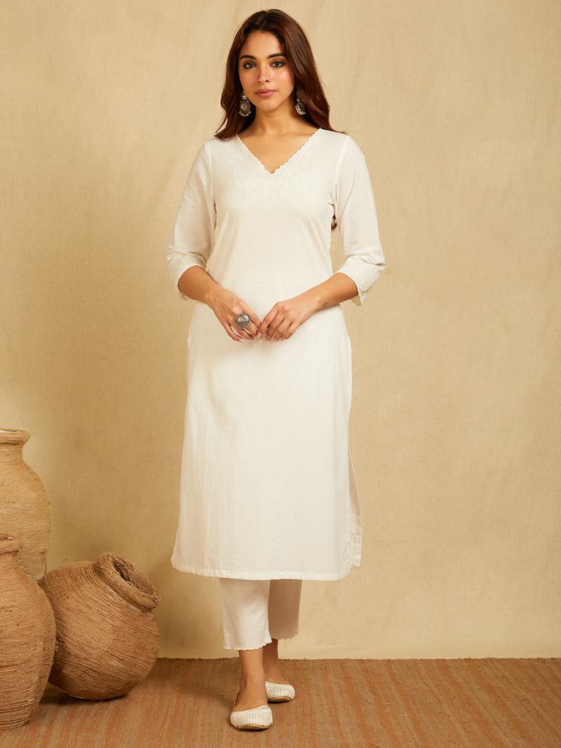 White V-neck embroidered Kurta with Pants