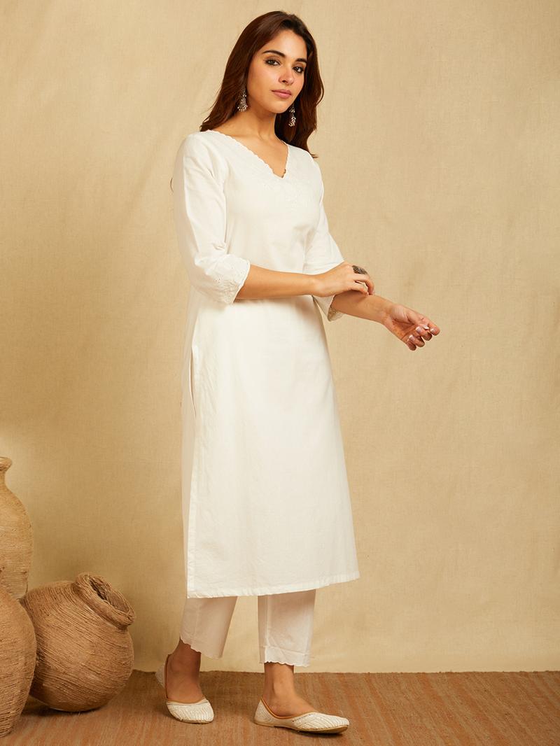 White V-neck embroidered Kurta with Pants and embroidered dupatta