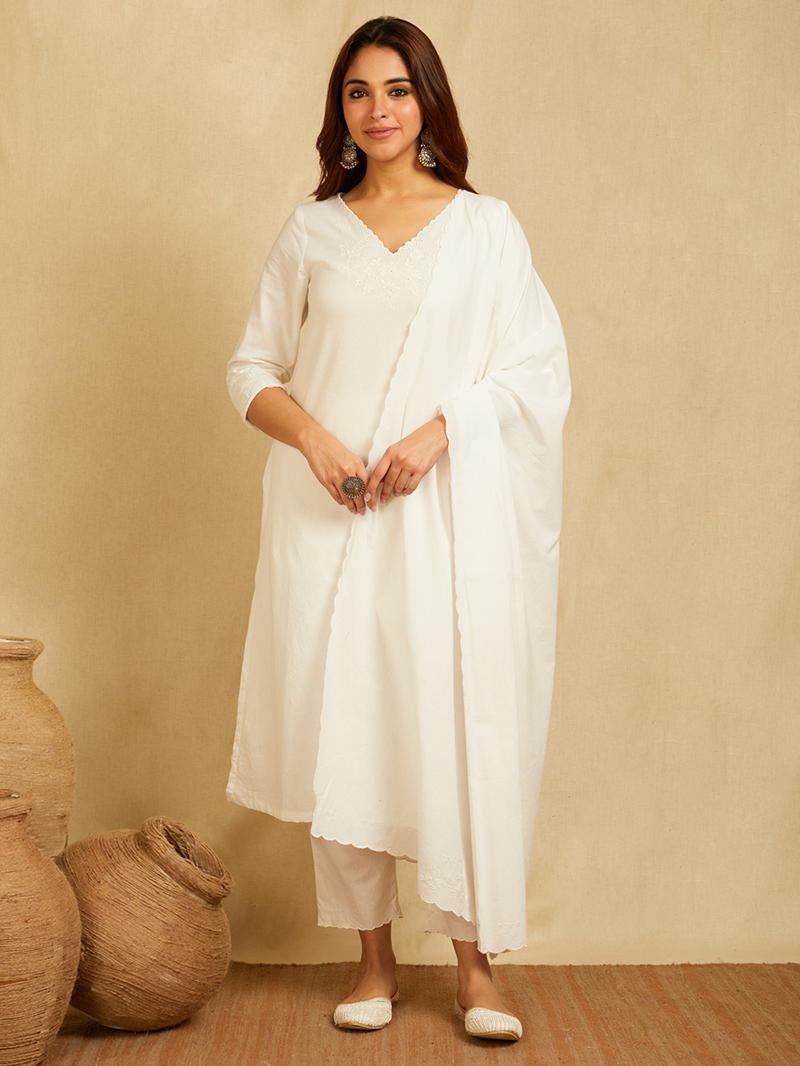 White V-neck embroidered Kurta with Pants and embroidered dupatta