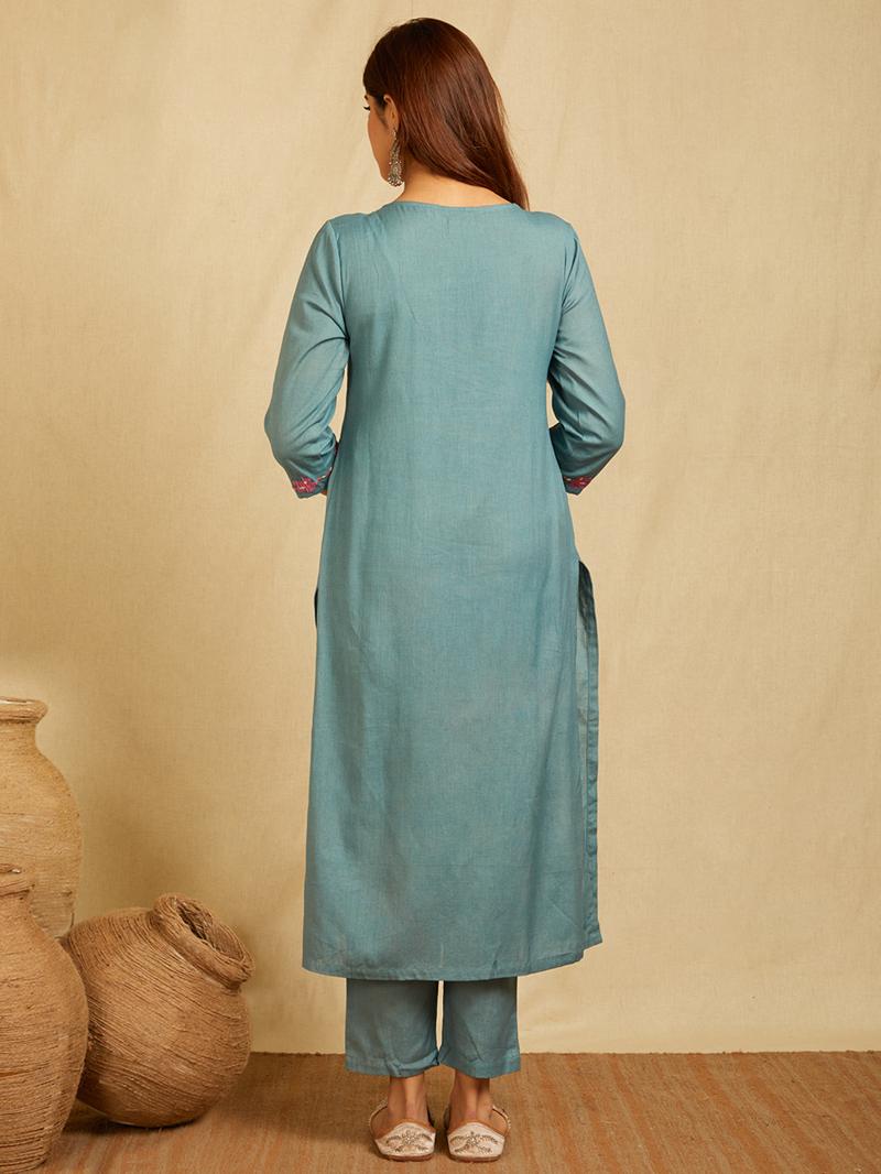 Blue Embroidered Cotton Linen Kurta with Pants and Dupatta - Set of 3