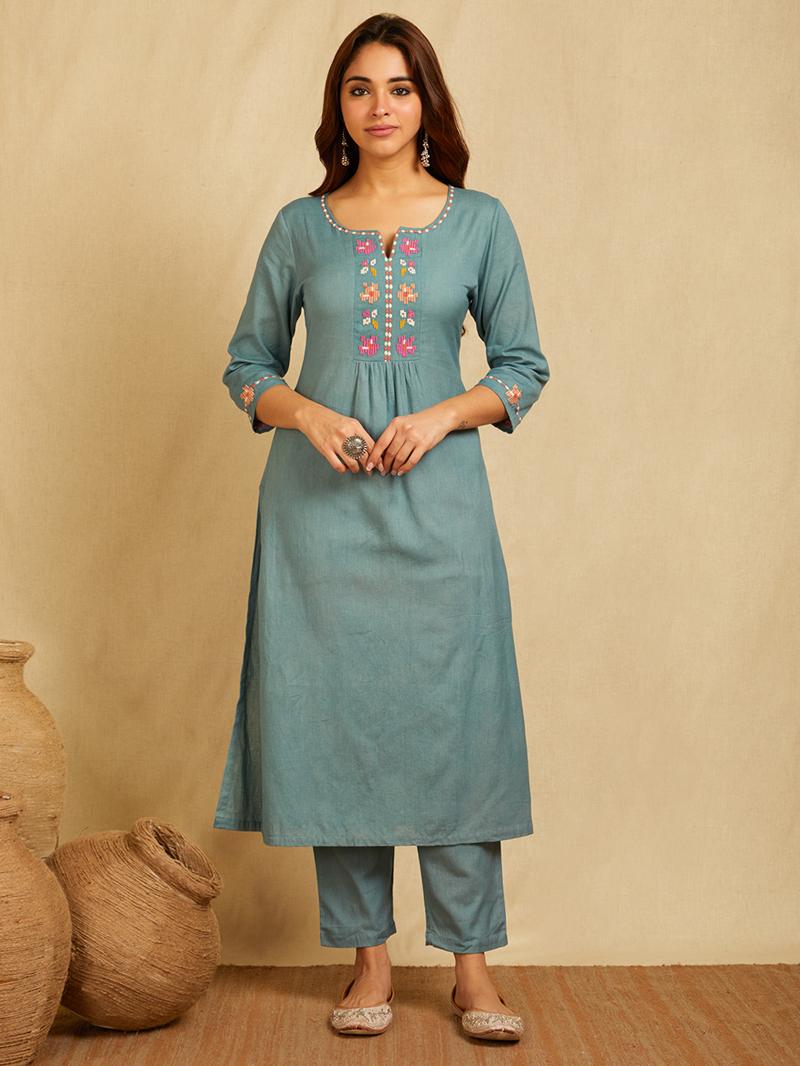 Blue Embroidered Cotton Linen Kurta with Pants and Dupatta - Set of 3