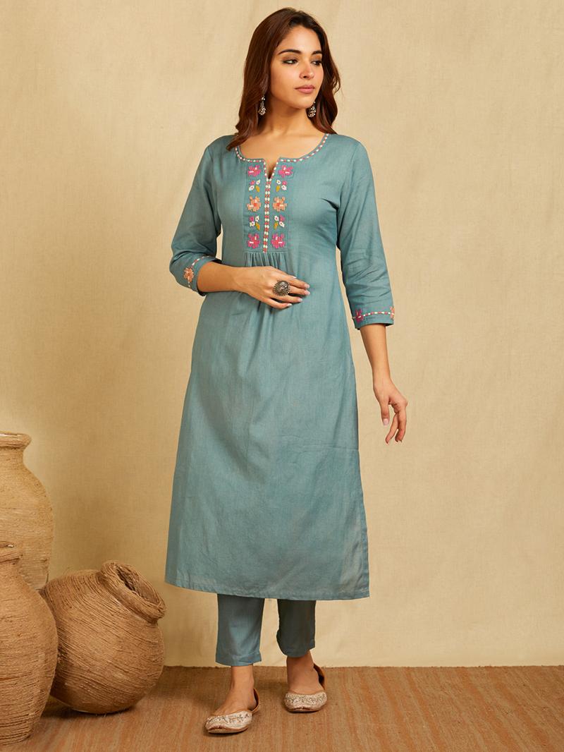 Blue Embroidered Cotton Linen Kurta with Pants - Set of 2