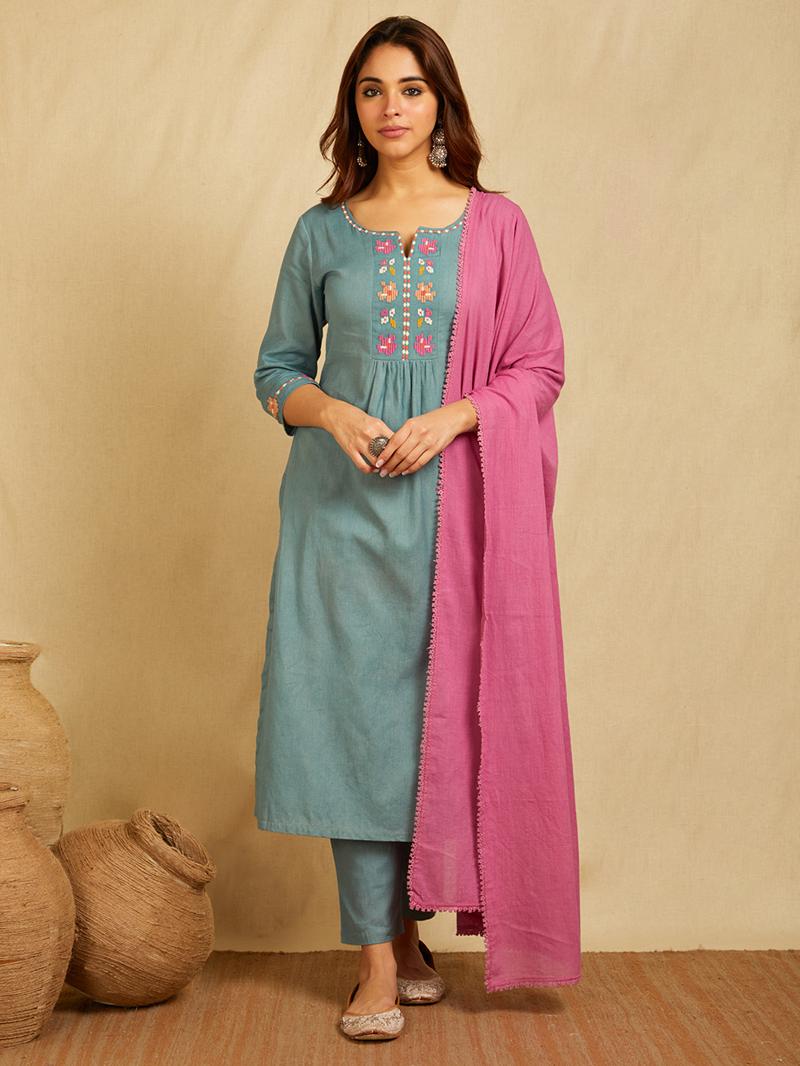 Blue Embroidered Cotton Linen Kurta with Pants and Dupatta - Set of 3