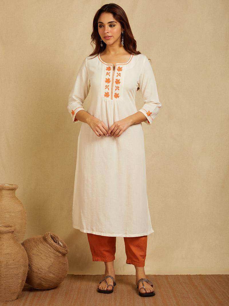 Ivory Embroidered Cotton Linen Kurta with Pants - Set of 2