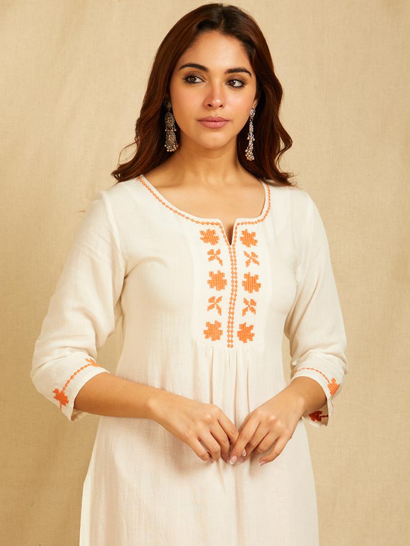 Ivory Embroidered Cotton Linen Kurta with Pants and Dupatta in contrast color - Set of 3