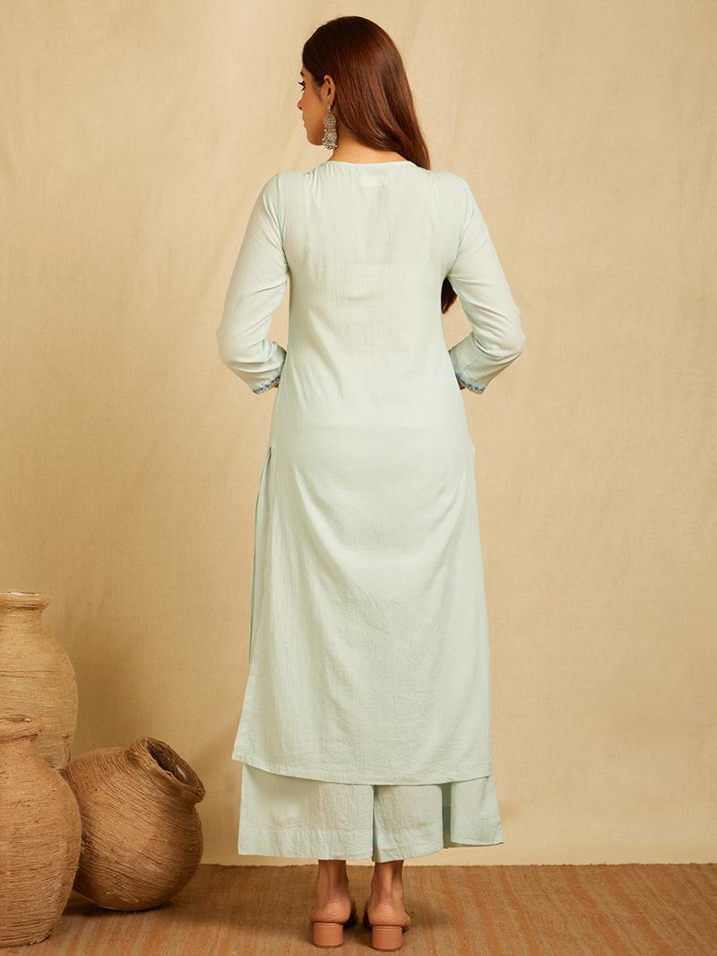 Mint Blue cotton Dobby Cross-stitch embroidered kurta with pants and Contrast royal blue dupatta