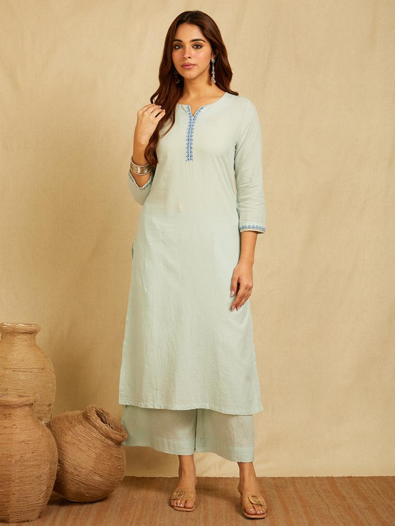 Mint Blue cotton Dobby Cross-stitch embroidered kurta with pants 