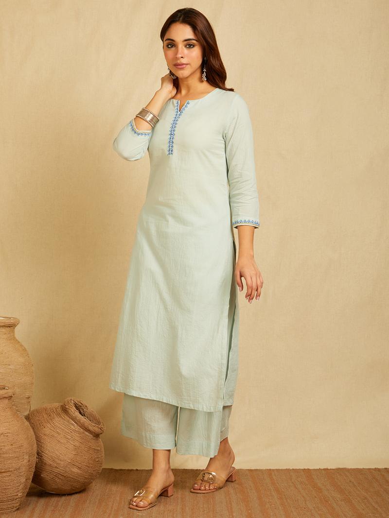 Mint Blue cotton Dobby Cross-stitch embroidered kurta with pants and Contrast royal blue dupatta