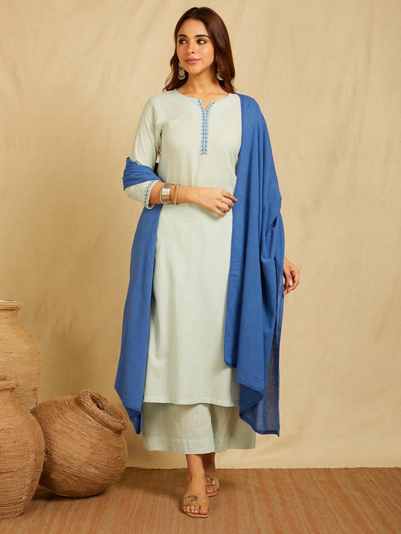 Mint Blue cotton Dobby Cross-stitch embroidered kurta with pants and Contrast royal blue dupatta