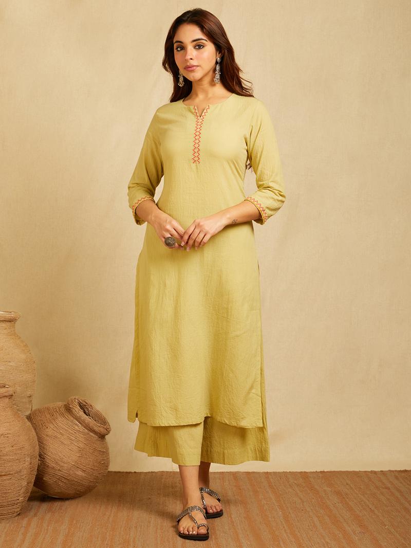 Yellow cotton Dobby Cross-stitch embroidered kurta with pants and Contrast royal blue dupatta