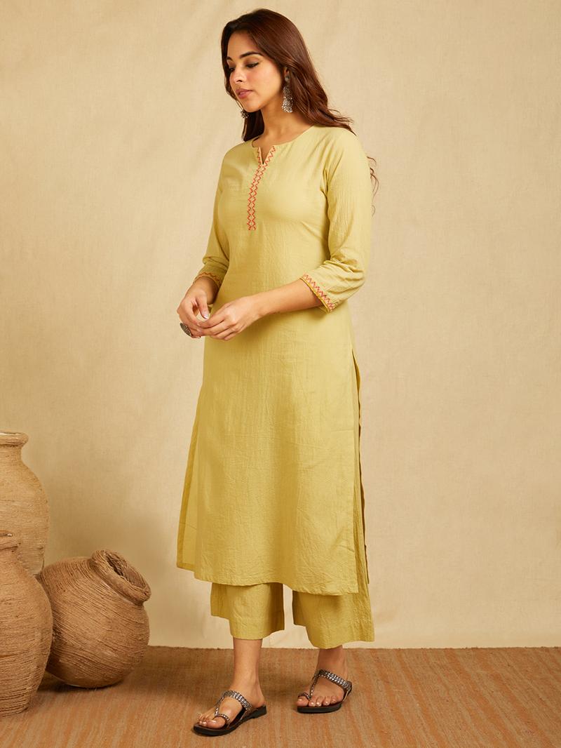 Yellow cotton Dobby Cross-stitch embroidered kurta with pants and Contrast royal blue dupatta