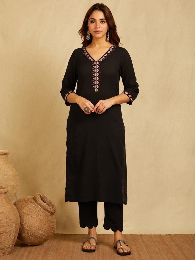 Black V-neck multi color embroidered Kurta with pants and contrast Burgundy dupatta