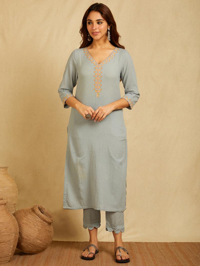 Sky blue V-neck multi color embroidered Kurta with pants and contrast Khaki green Dupatta