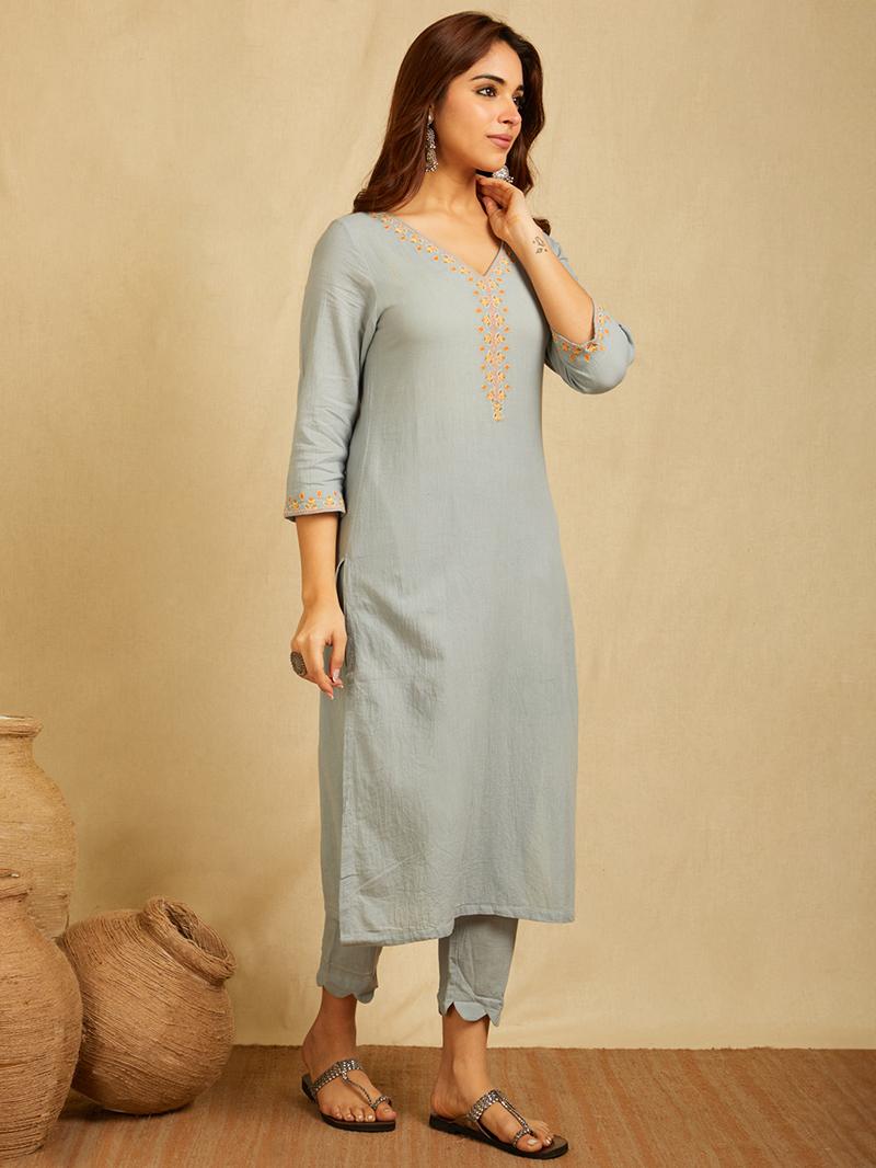 Sky blue V-neck multi color embroidered Kurta with pants and contrast Khaki green Dupatta