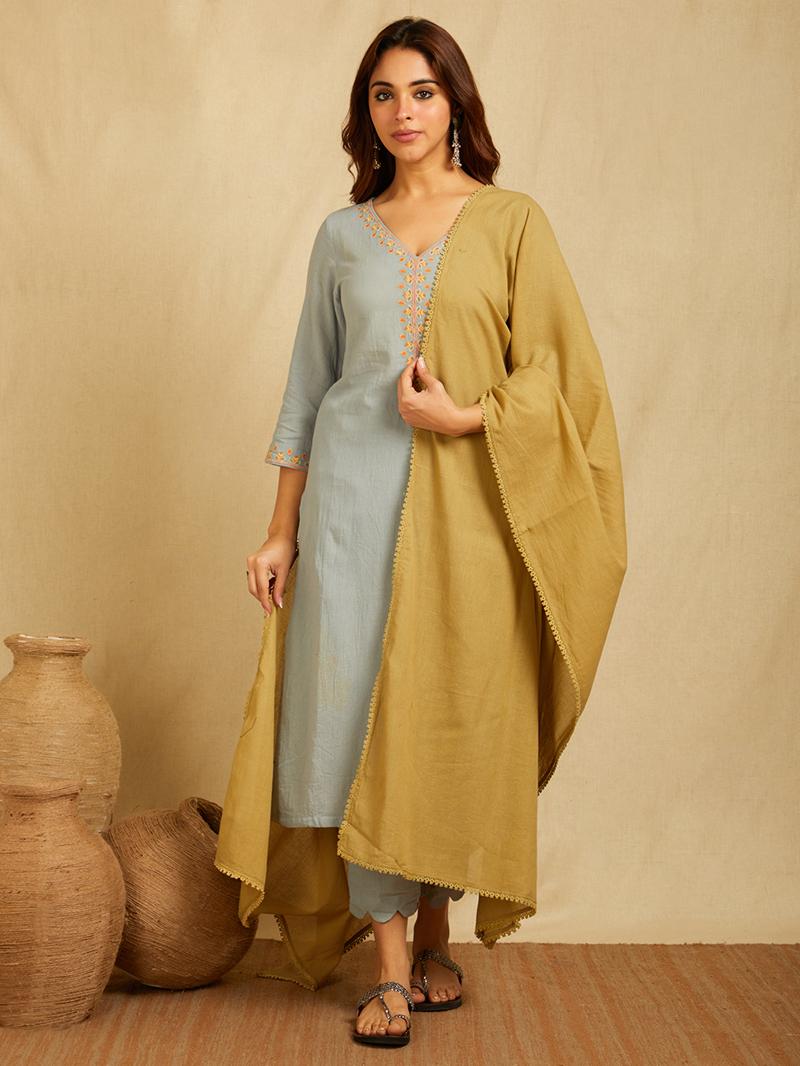 Sky blue V-neck multi color embroidered Kurta with pants and contrast Khaki green Dupatta