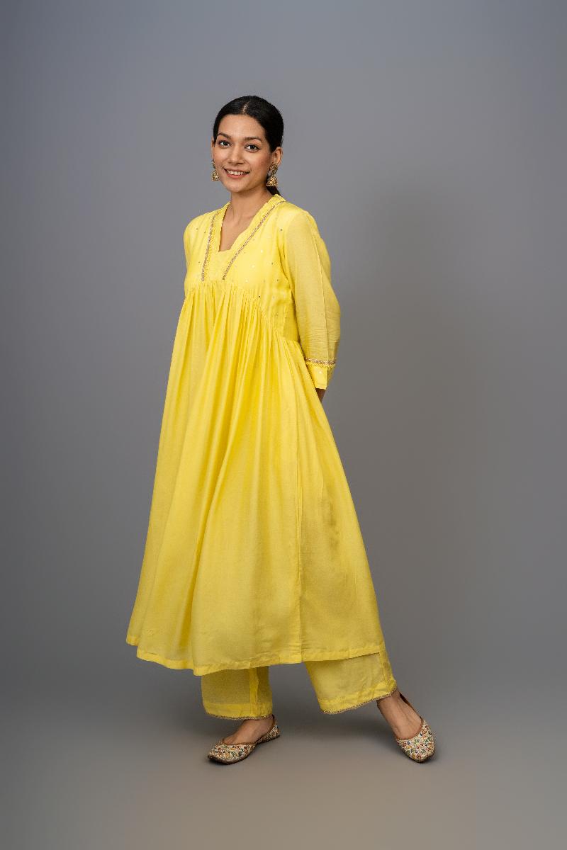 Yellow Hand Embroidered Gathered A-line Cotton Silk Kurta with Pants - Set of 2